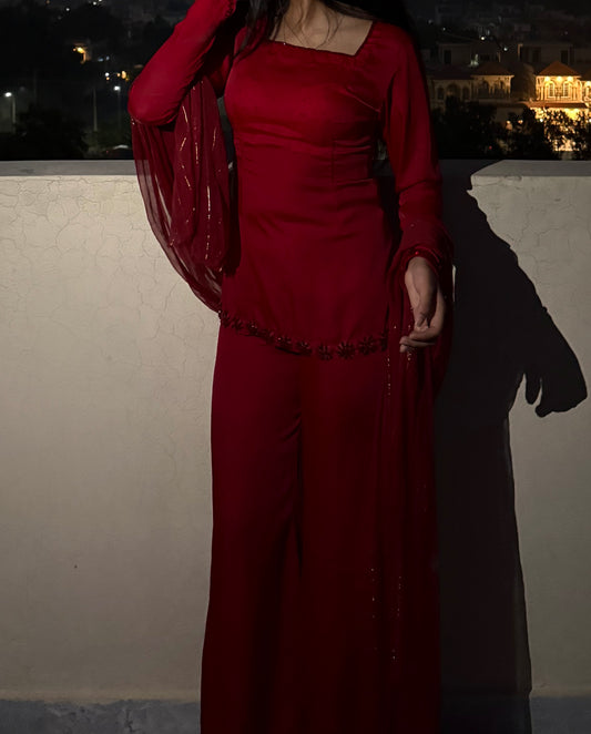 Red Wine Silk Suit with Old Bollywood Drape