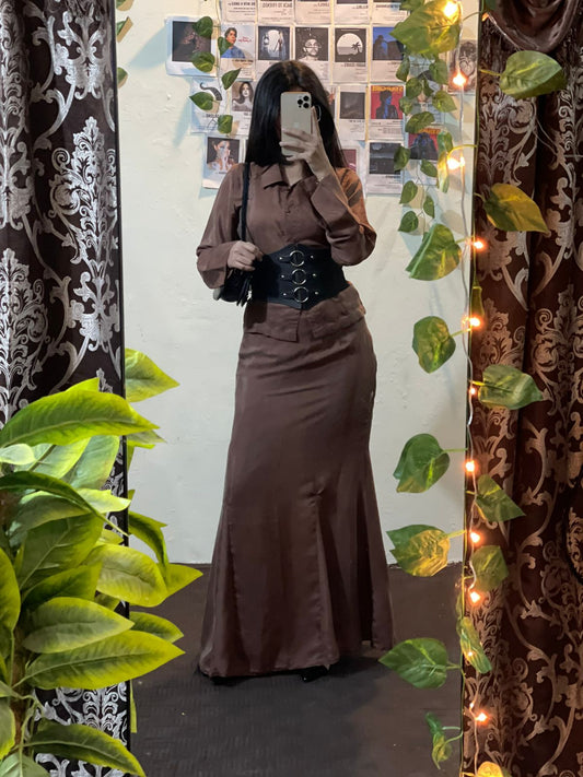 The Espresso Silk Set: Collar Shirt & Maxi Skirt