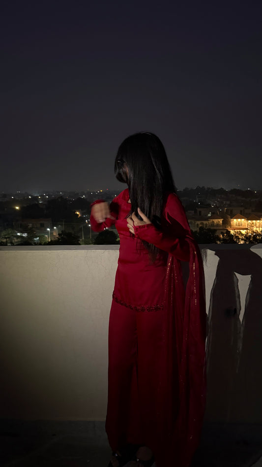 Red Wine Silk Suit with Old Bollywood Drape