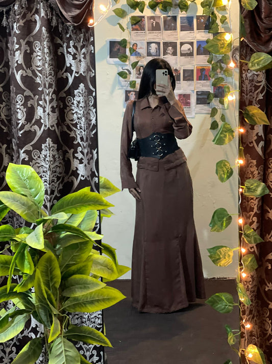 The Espresso Silk Set: Collar Shirt & Maxi Skirt